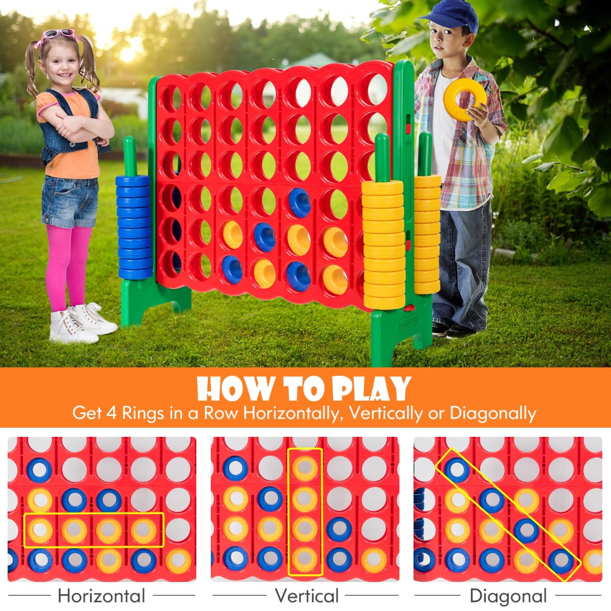 Giant Connect 4 in A Row with 42 Jumbo Rings for Garden & Beach-Green