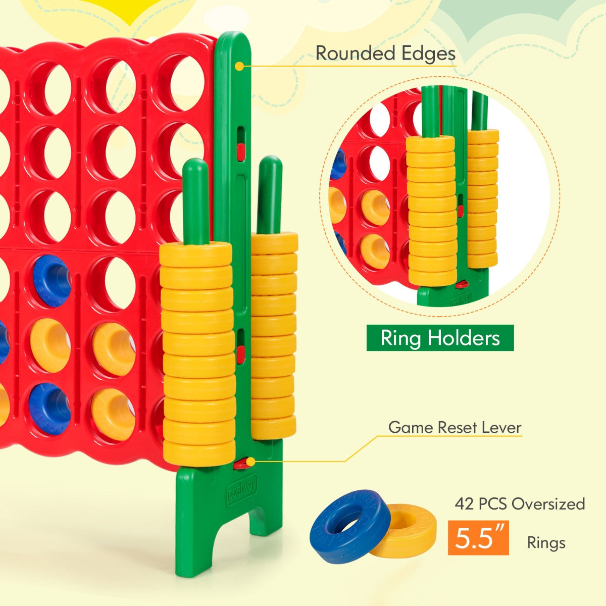 Giant Connect 4 in A Row with 42 Jumbo Rings for Garden & Beach-Green