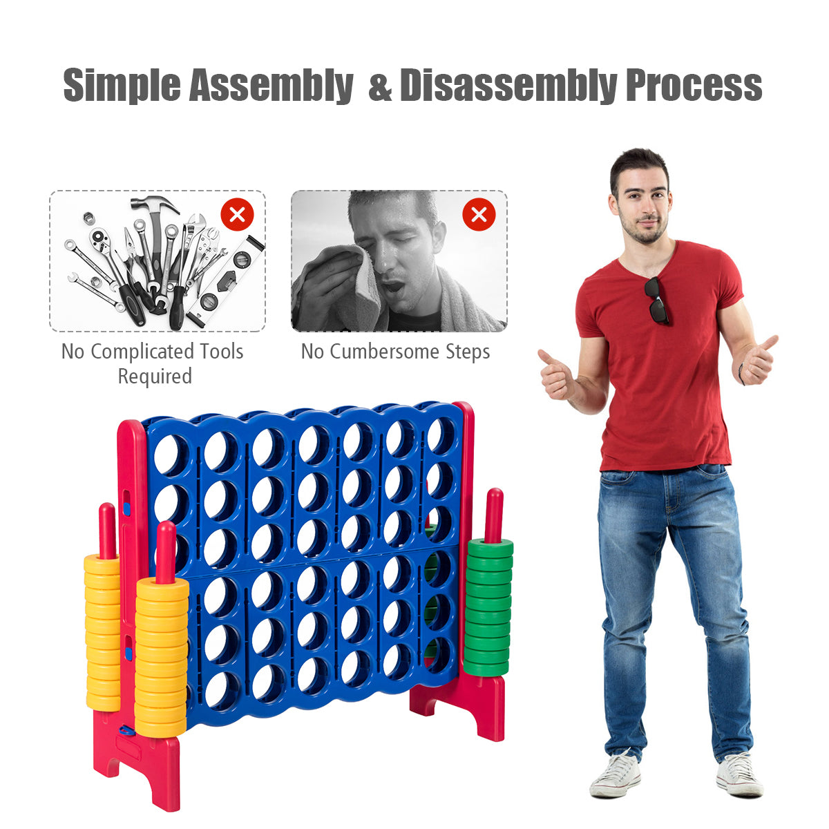 Giant Connect 4 in A Row with 42 Jumbo Rings for Garden &amp; Beach-Red