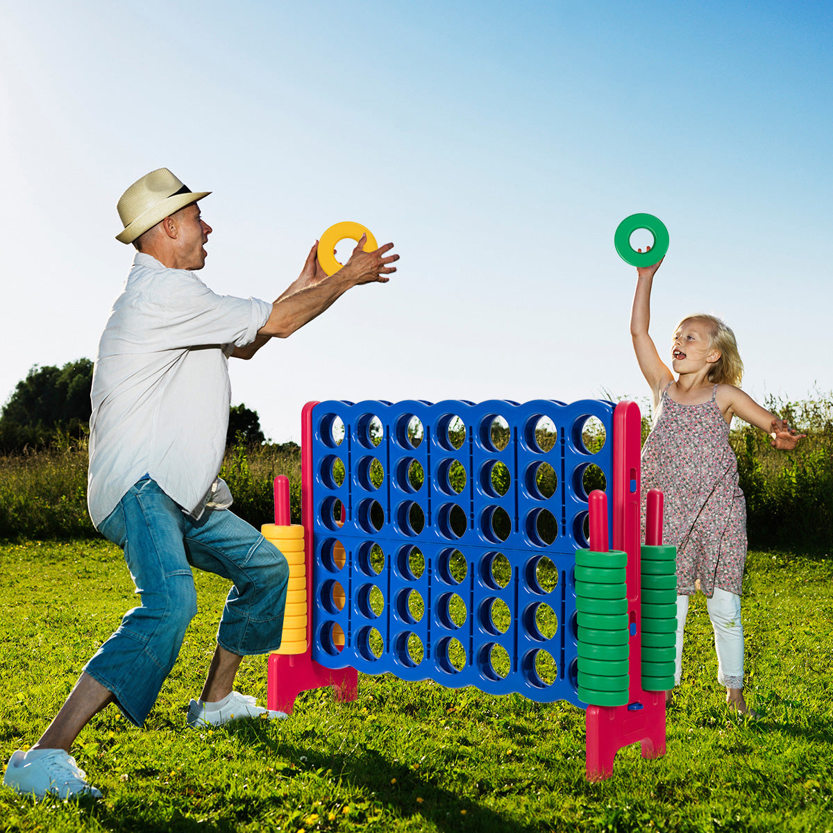 Giant Connect 4 in A Row with 42 Jumbo Rings for Garden &amp; Beach-Red