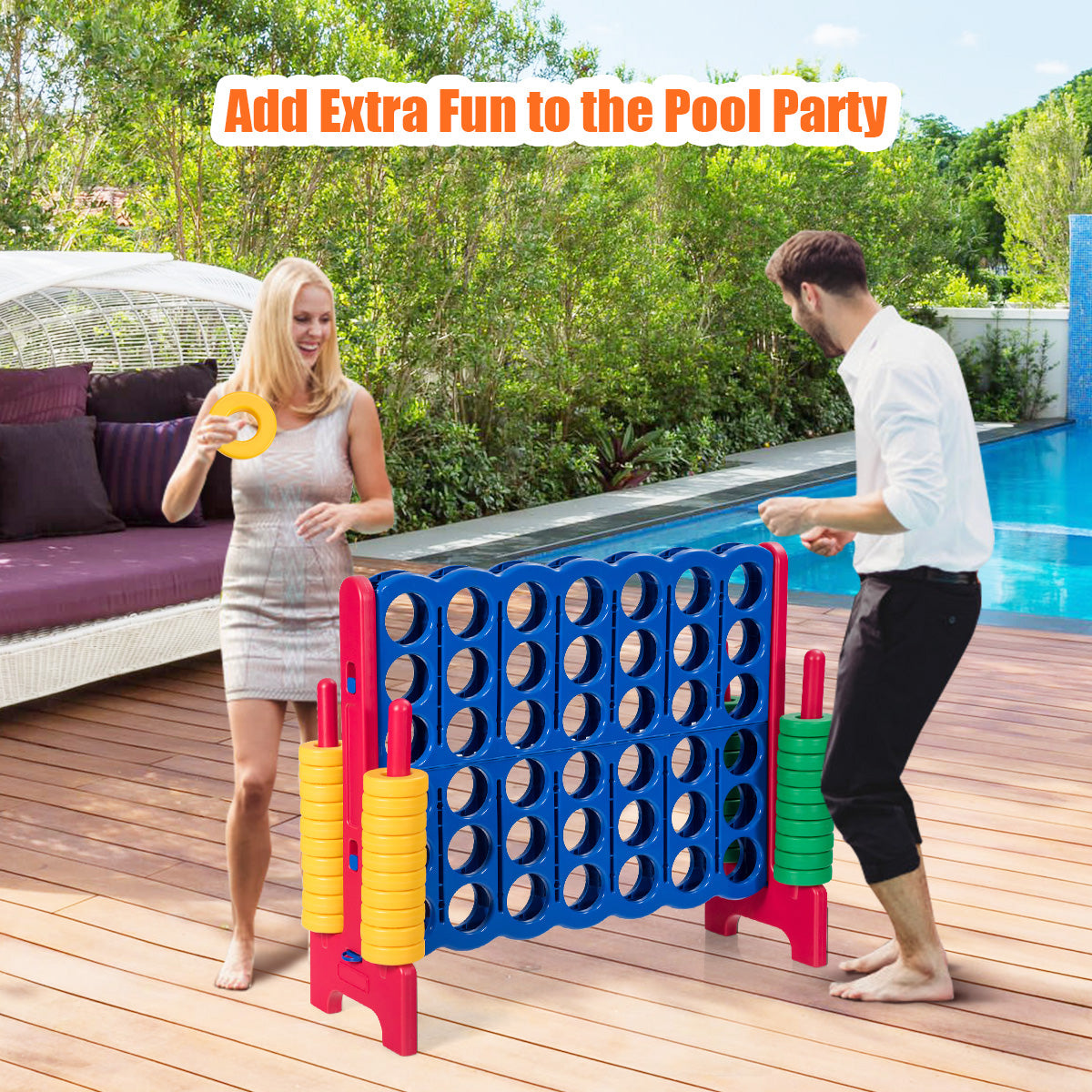 Giant Connect 4 in A Row with 42 Jumbo Rings for Garden &amp; Beach-Red