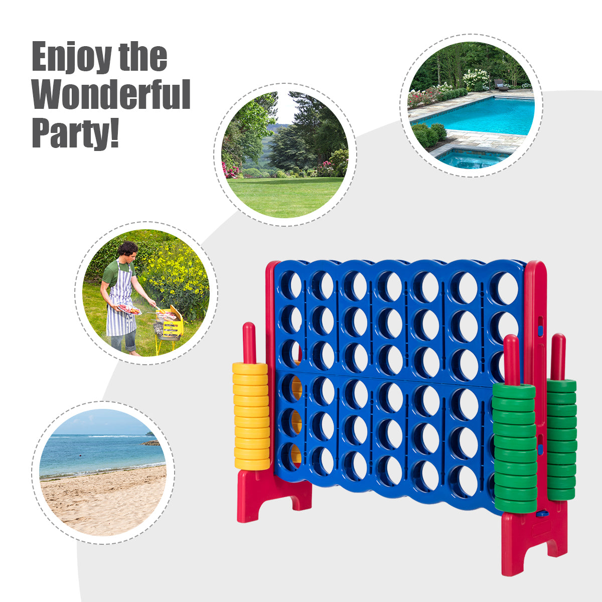 Giant Connect 4 in A Row with 42 Jumbo Rings for Garden &amp; Beach-Red