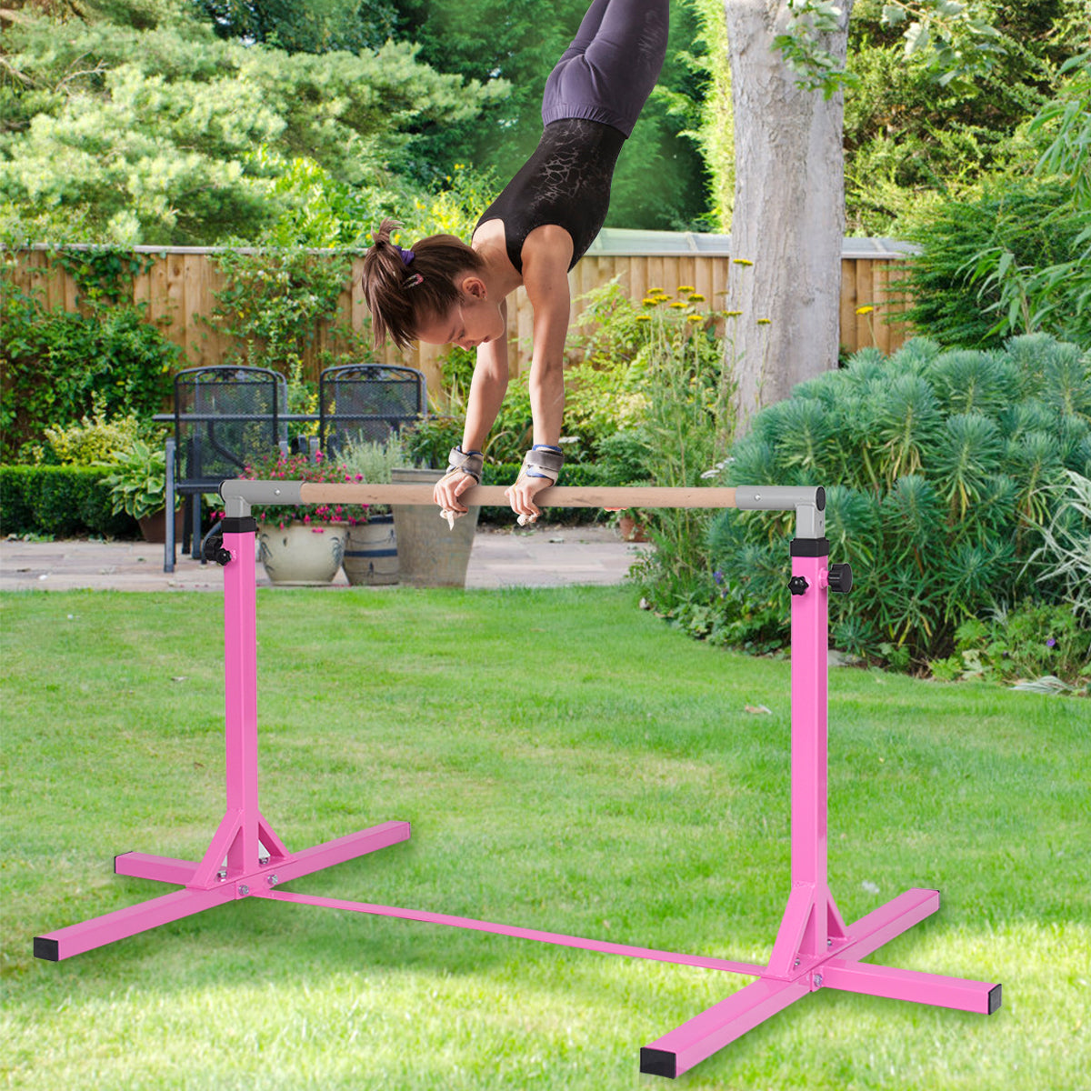 Dual locking height system helps secure the adjustable gymnastic bar at the selected level