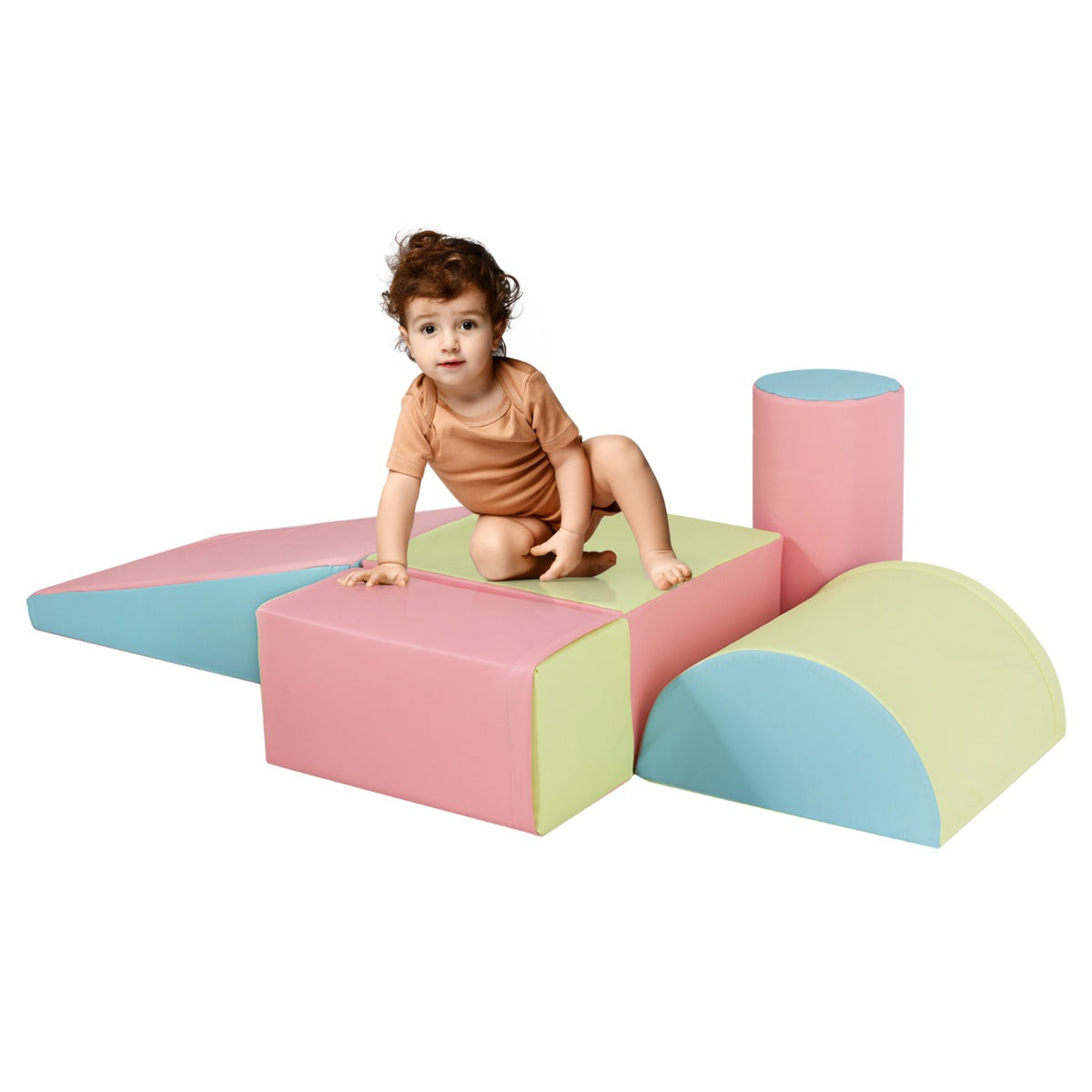 5 Pieces Kids Climb Crawl Activity Play Set with Safe Foam Blocks-Pink