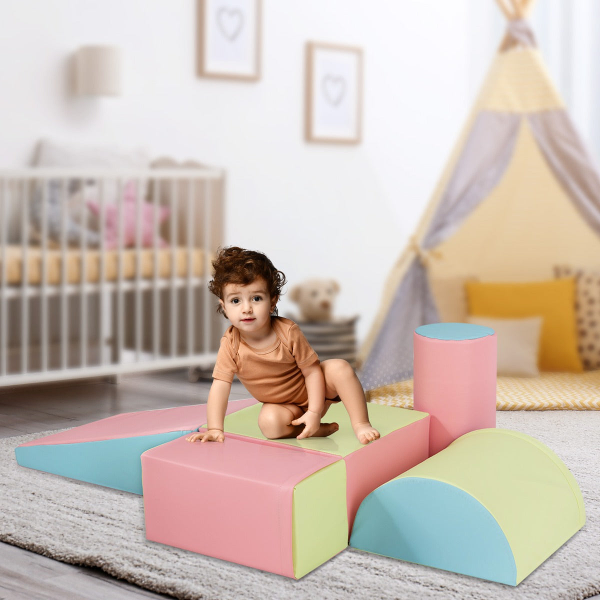 5 Pieces Kids Climb Crawl Activity Play Set with Safe Foam Blocks-Pink