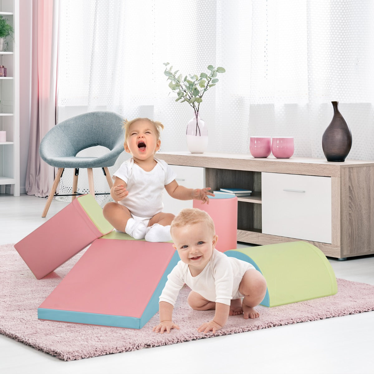 5 Pieces Kids Climb Crawl Activity Play Set with Safe Foam Blocks-Pink