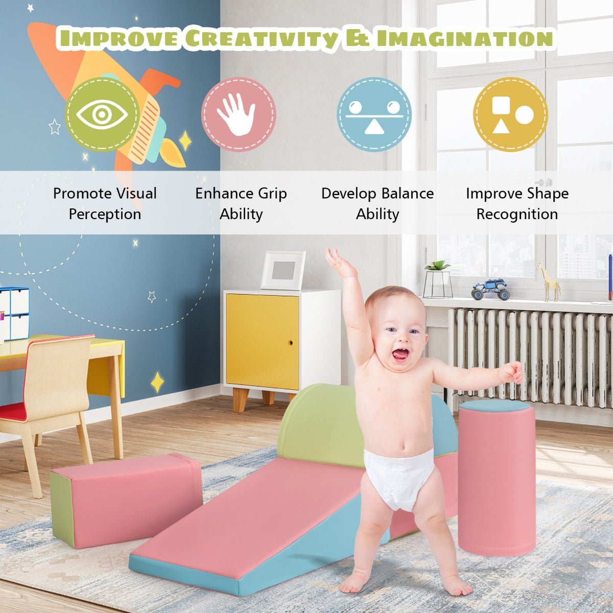 5 Pieces Kids Climb Crawl Activity Play Set with Safe Foam Blocks-Pink