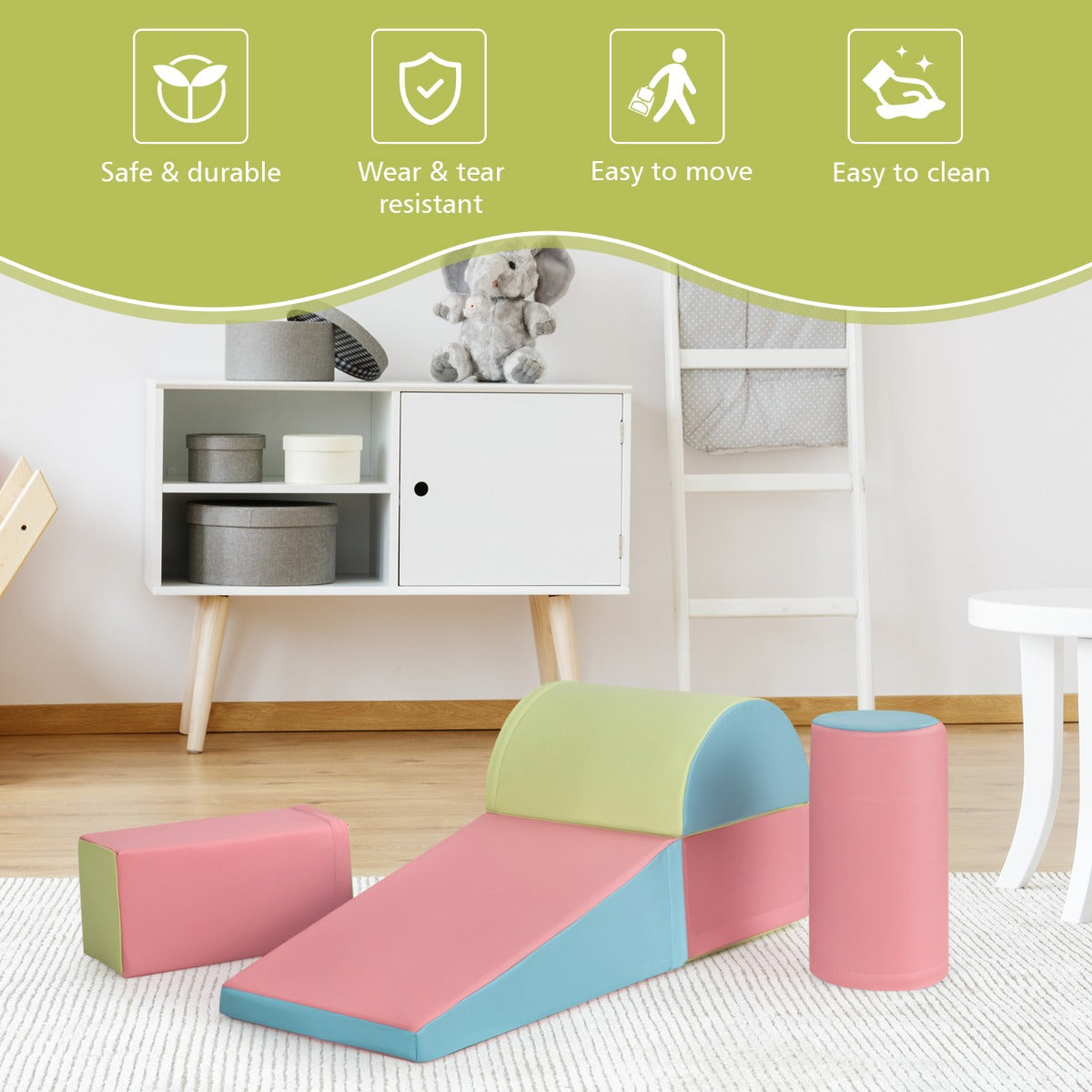 5 Pieces Kids Climb Crawl Activity Play Set with Safe Foam Blocks-Pink