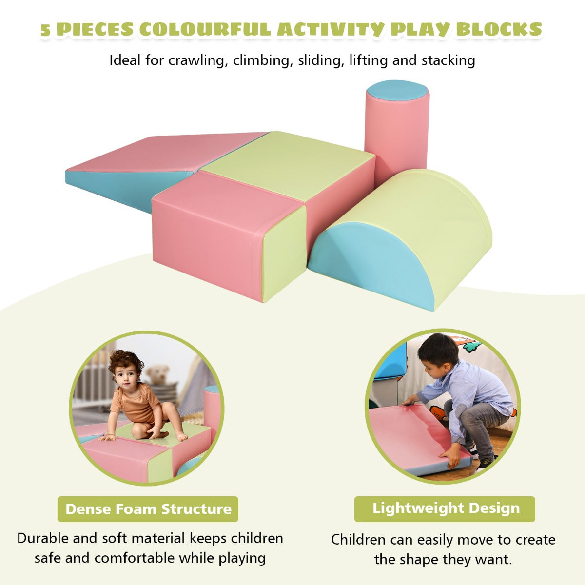 5 Pieces Kids Climb Crawl Activity Play Set with Safe Foam Blocks-Pink