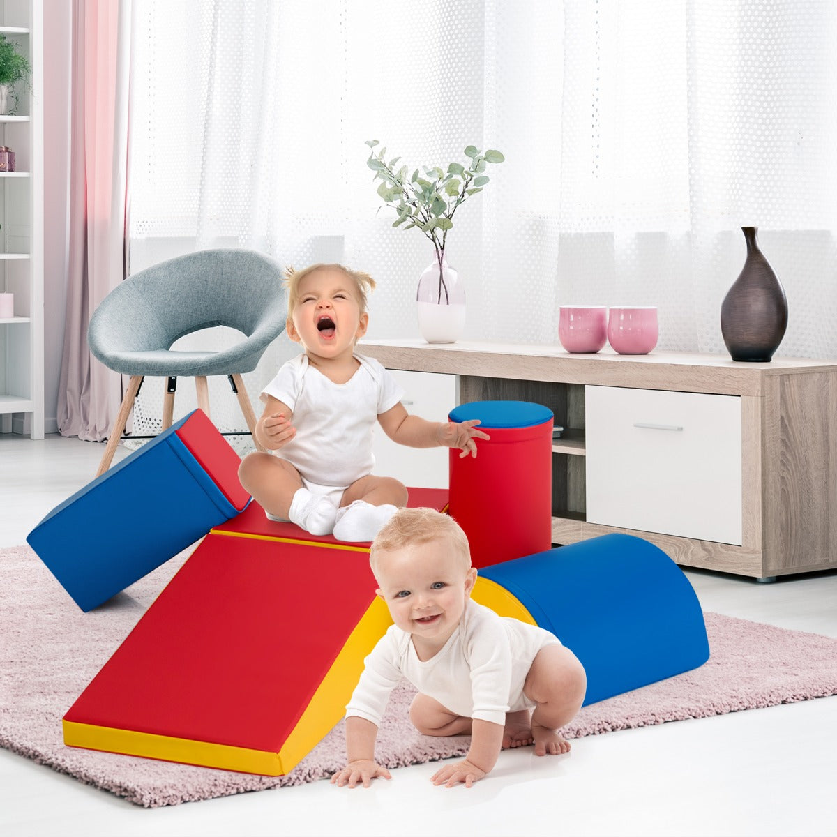 5 Pieces Kids Climb Crawl Activity Play Set with Safe Foam Blocks-Red