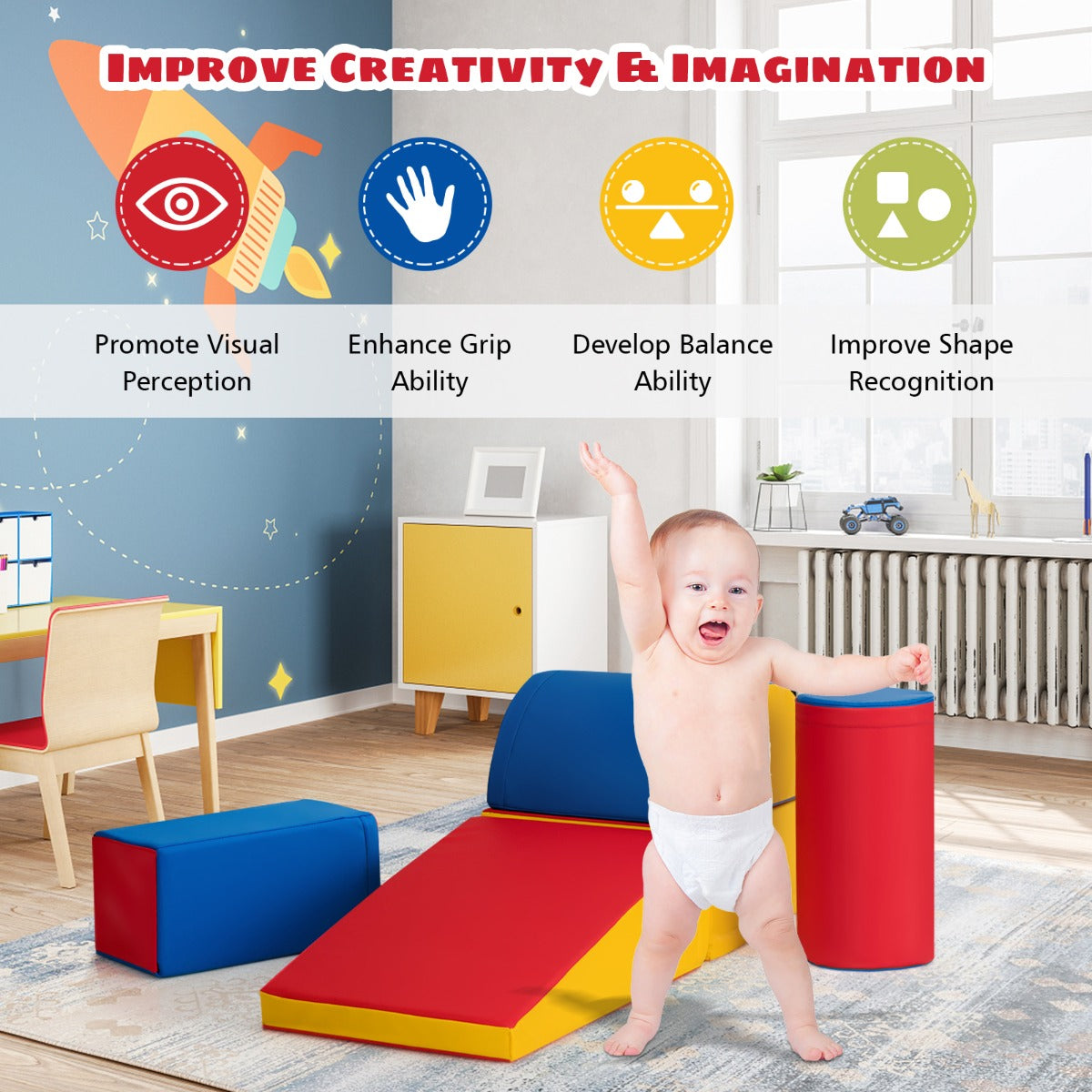 5 Pieces Kids Climb Crawl Activity Play Set with Safe Foam Blocks-Red