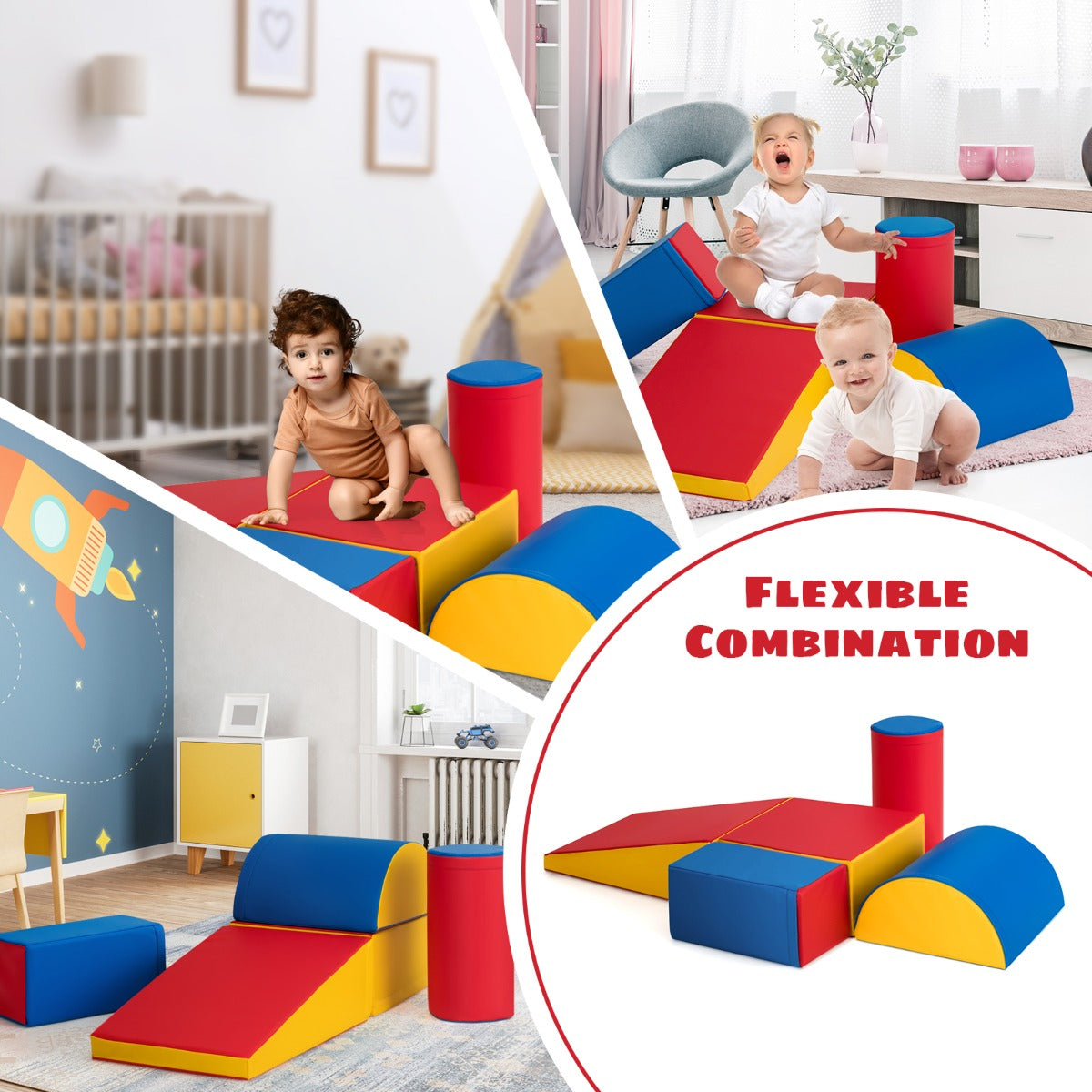 5 Pieces Kids Climb Crawl Activity Play Set with Safe Foam Blocks-Red