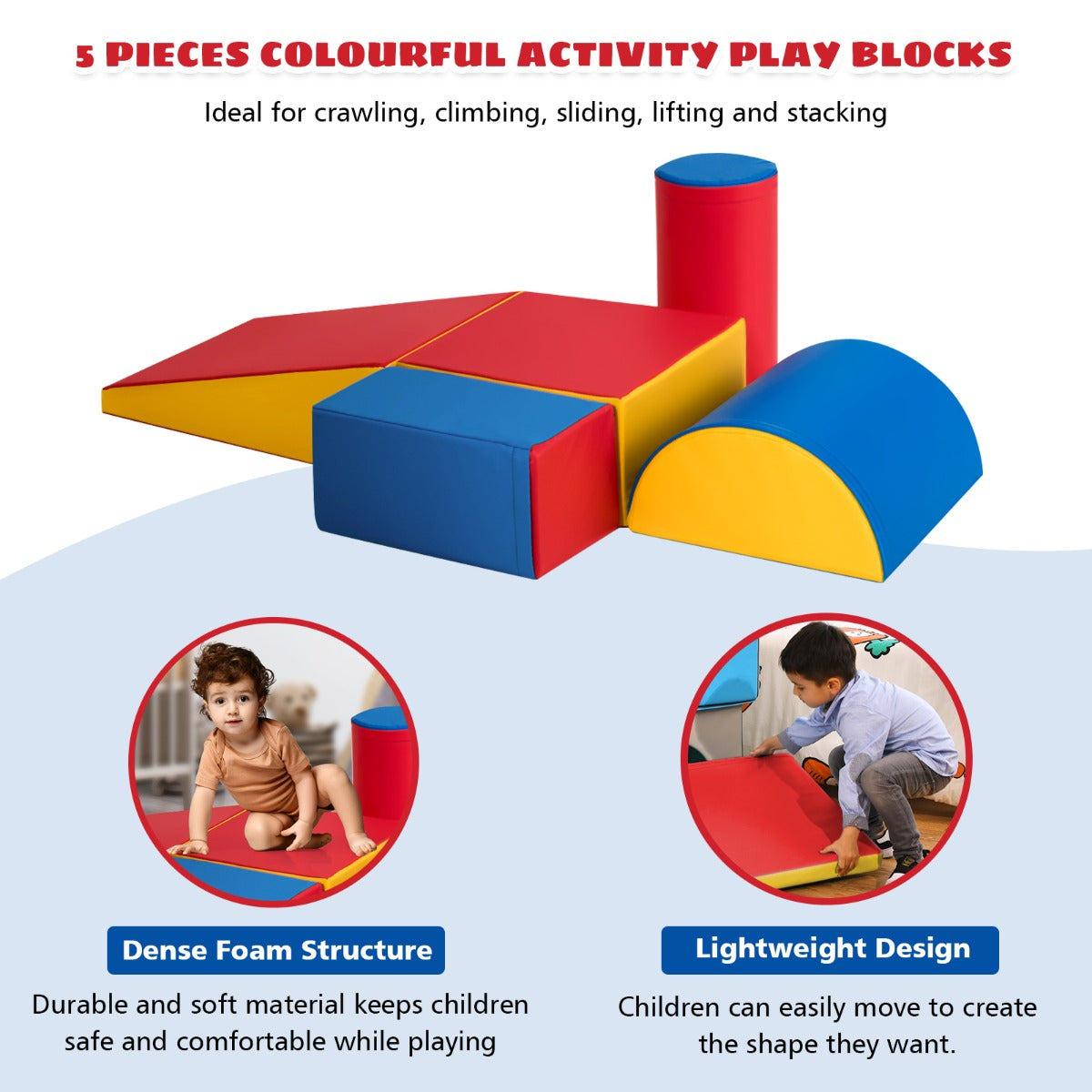 5 Pieces Kids Climb Crawl Activity Play Set with Safe Foam Blocks-Red