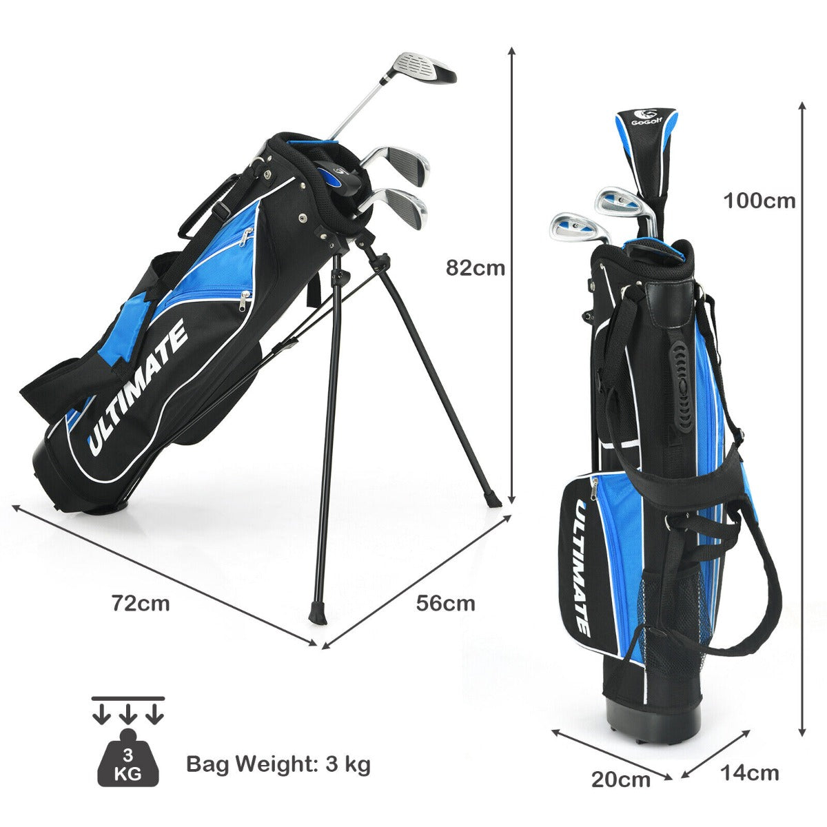 Blue and yellow junior golf club set includes fairway wood, two irons, putter, bag, and head cover