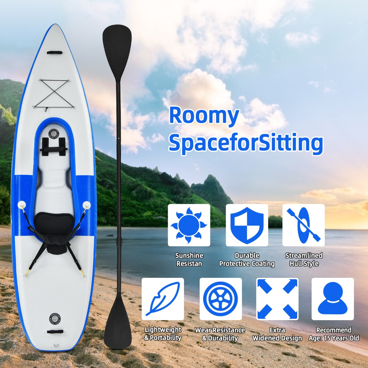 Inflatable Kayak with Adjustable Aluminum Oars for 1 Person-Blue