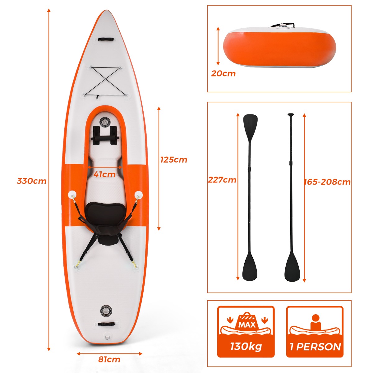 Inflatable Kayak with Adjustable Aluminum Oars for 1 Person-Orange
