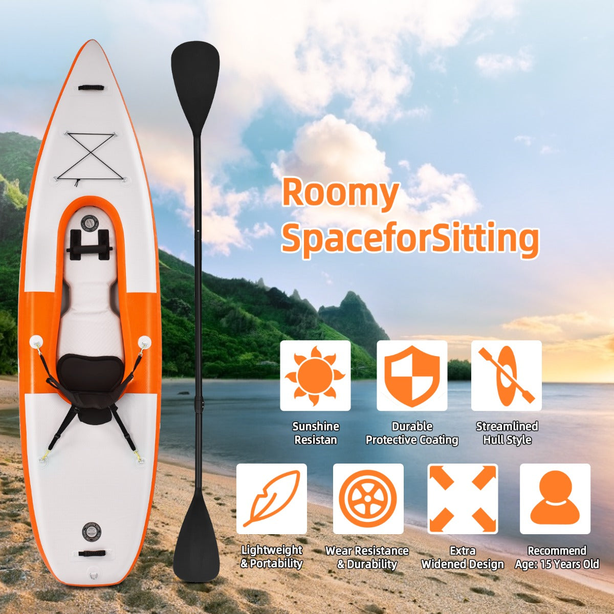 Inflatable Kayak with Adjustable Aluminum Oars for 1 Person-Orange