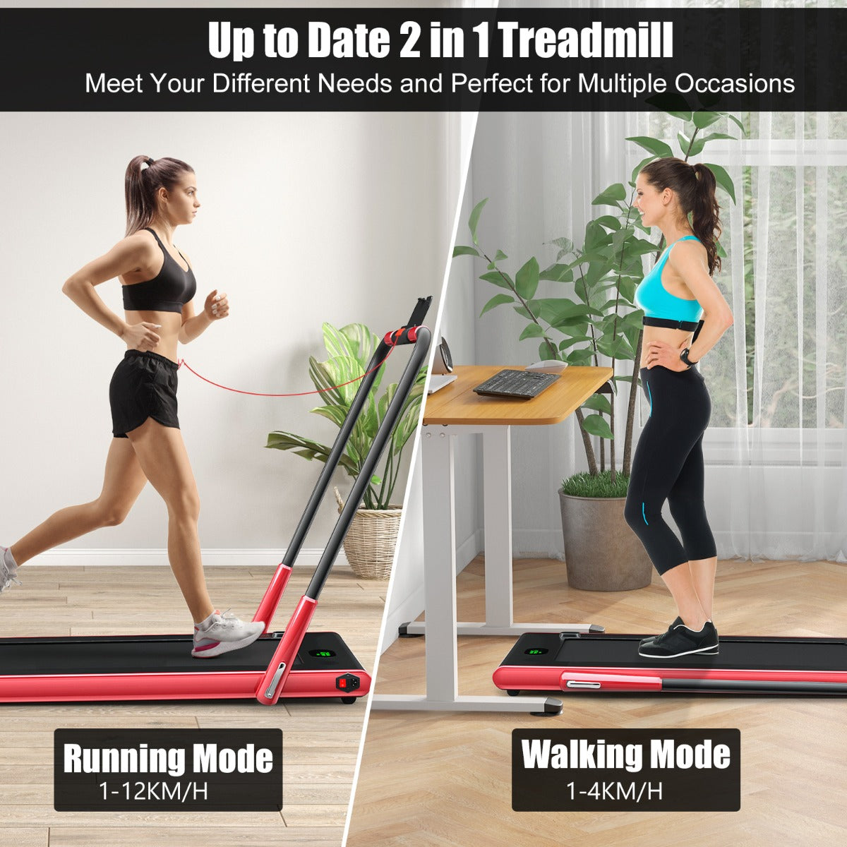 Costway 2-in-1 Foldable Treadmill with APP &amp; Remote Control for Home &amp; Office-Red