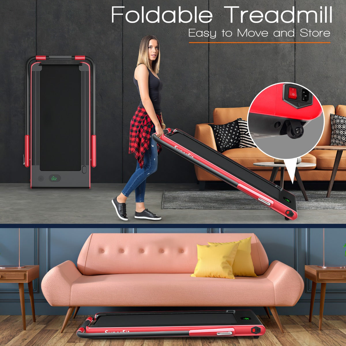 Costway 2-in-1 Foldable Treadmill with APP &amp; Remote Control for Home &amp; Office-Red
