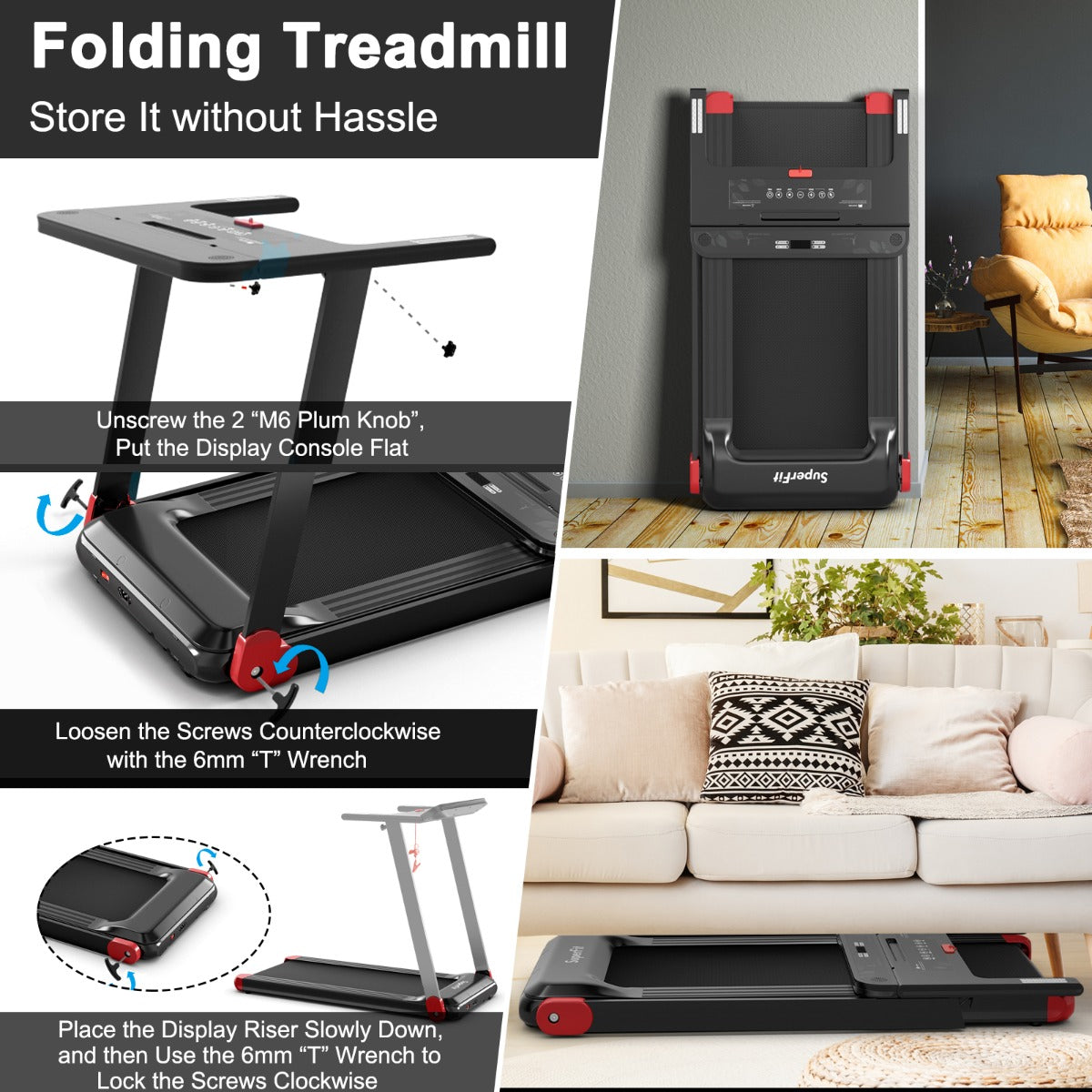 Quiet treadmill with five-layer shockproof anti-slip running belt for comfortable home exercise