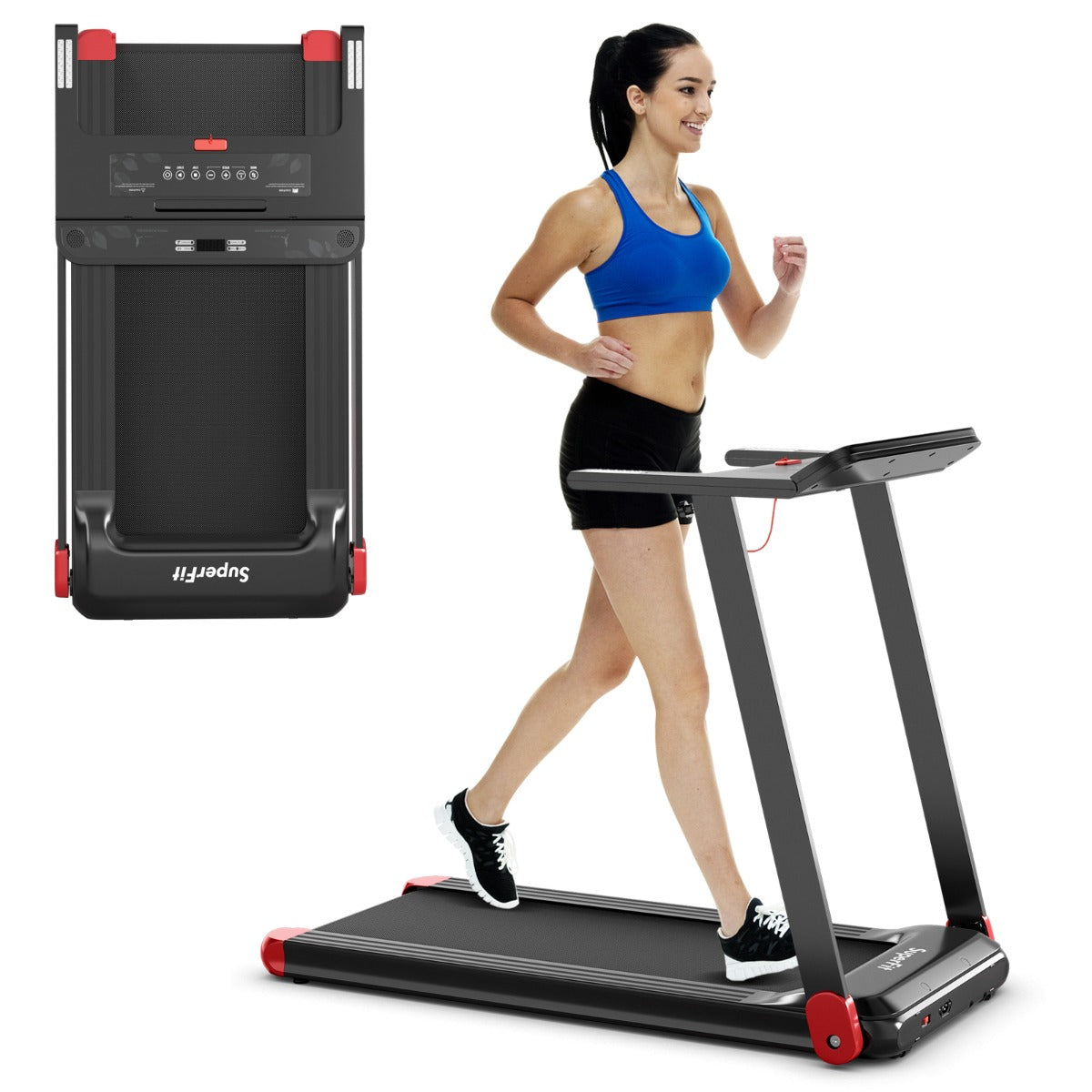 Home running machine with handrail heart-rate sensors for monitoring pulse during indoor workouts
