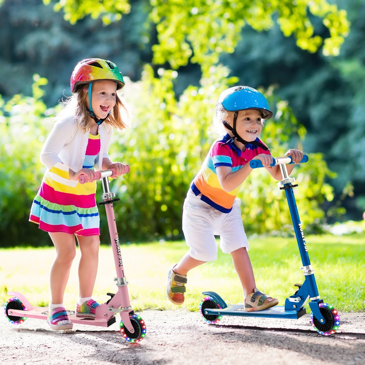 Costway Foldable Lightweight Scooter with Adjustable Height Handlebar and LED Light for Kids-Blue