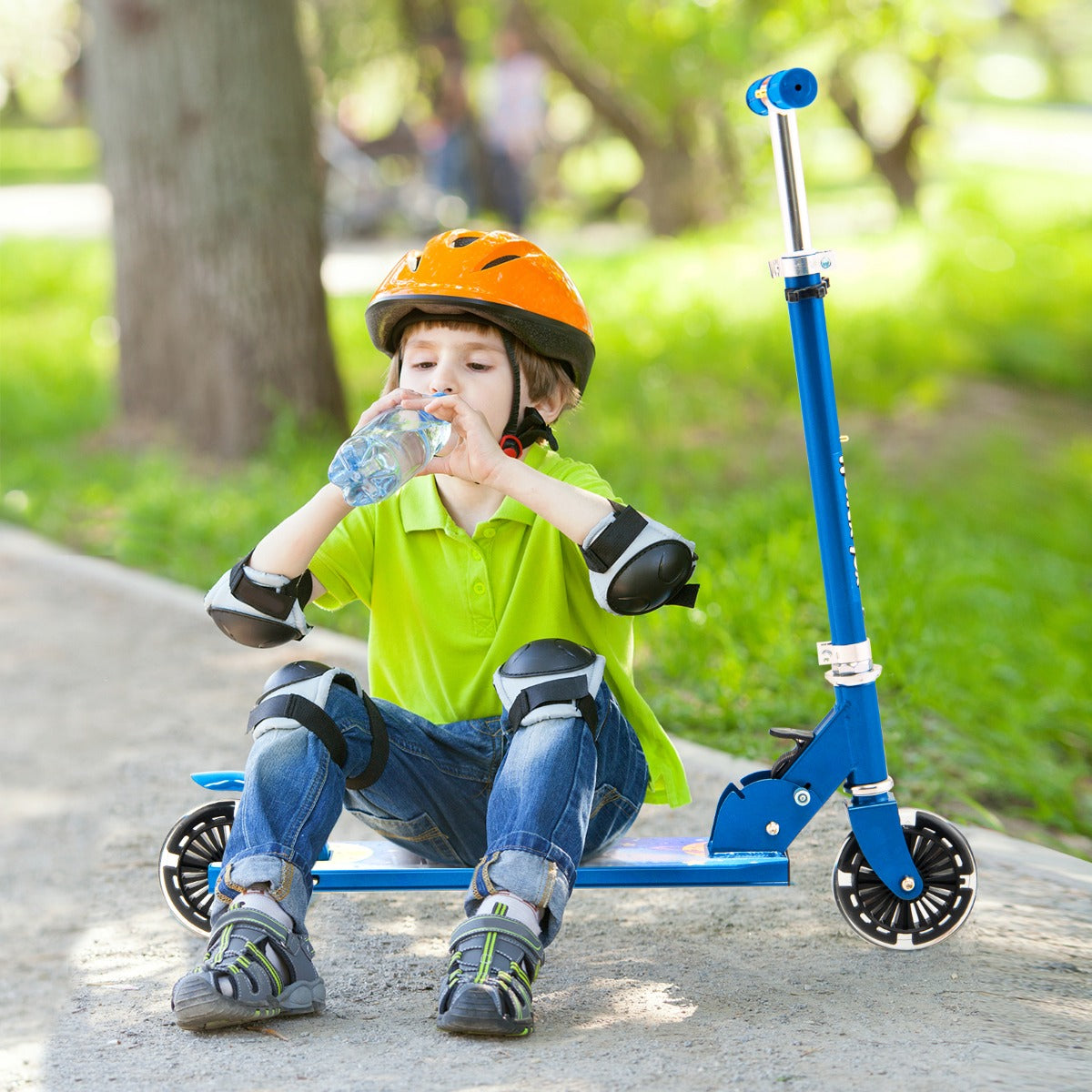 Costway Foldable Lightweight Scooter with Adjustable Height Handlebar and LED Light for Kids-Blue