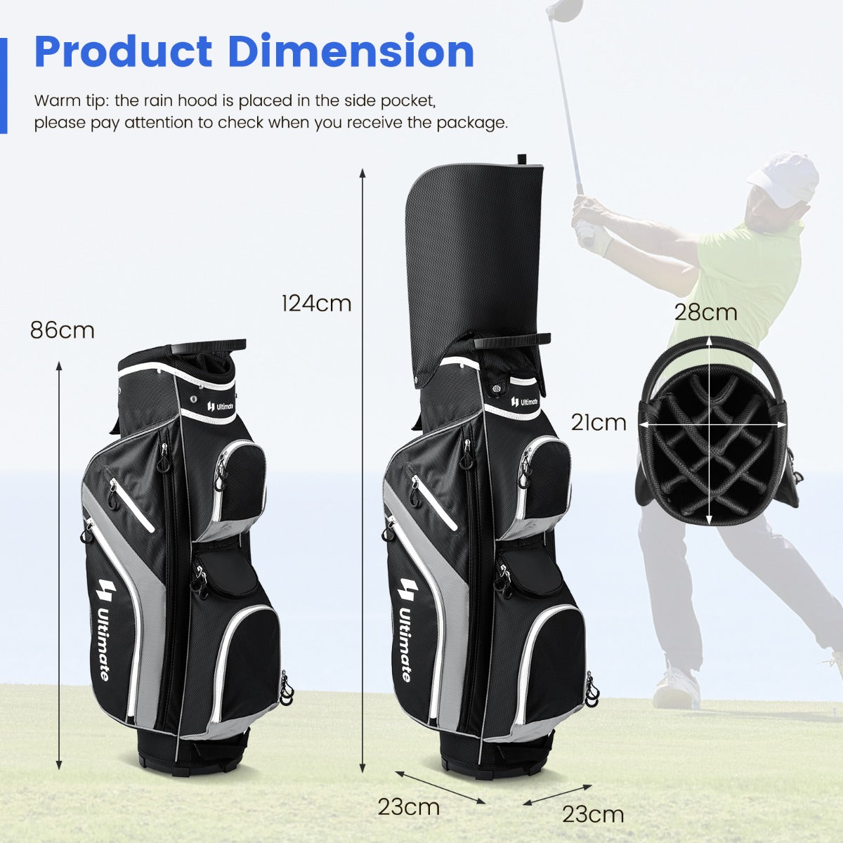 Golf Cart Bag with 14 Way Top Dividers 9 Pockets and Cooler Bag-Black