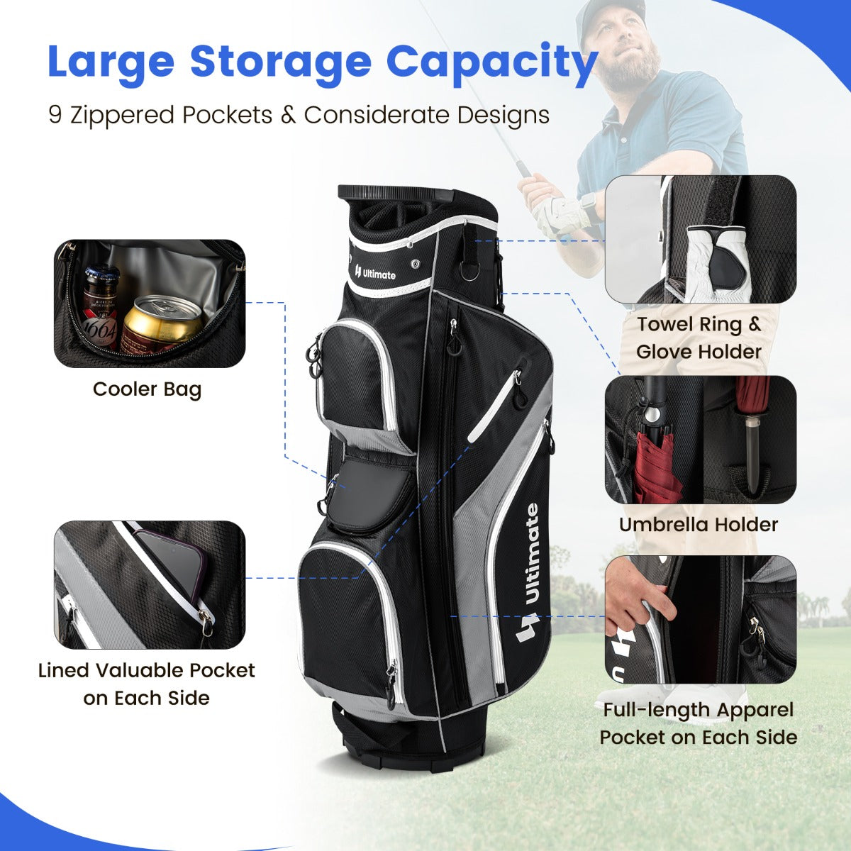 Golf Cart Bag with 14 Way Top Dividers 9 Pockets and Cooler Bag-Black