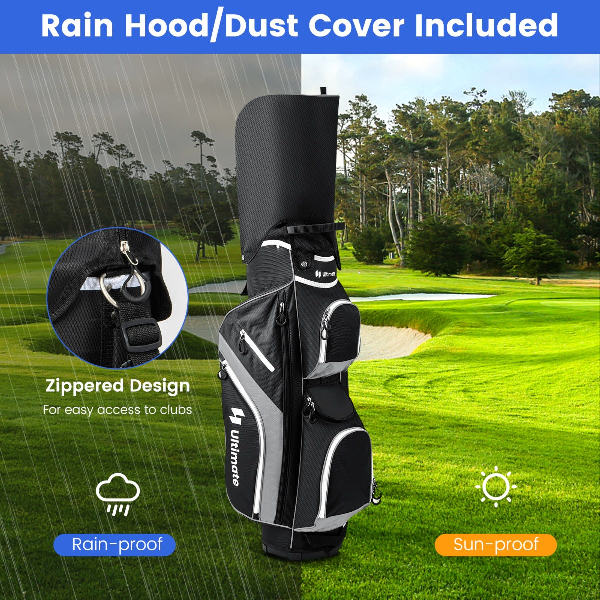 Golf Cart Bag with 14 Way Top Dividers 9 Pockets and Cooler Bag-Black