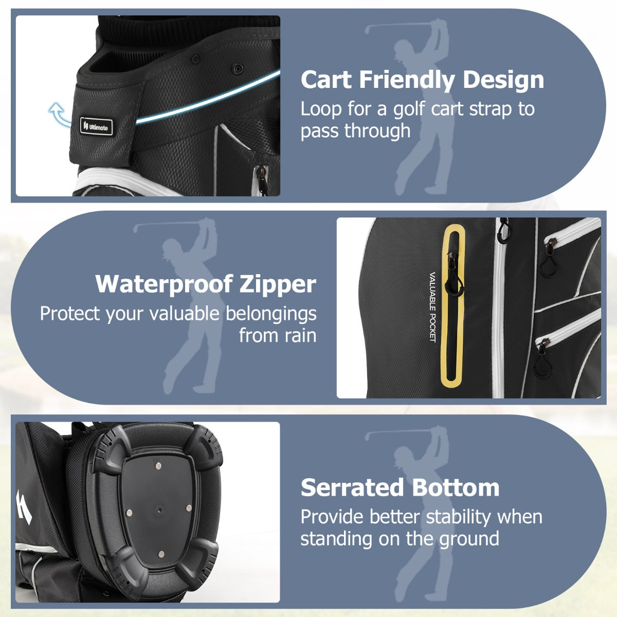 Golf Cart Bag with 15 Way Top Dividers Including Individual Putter Well-Black