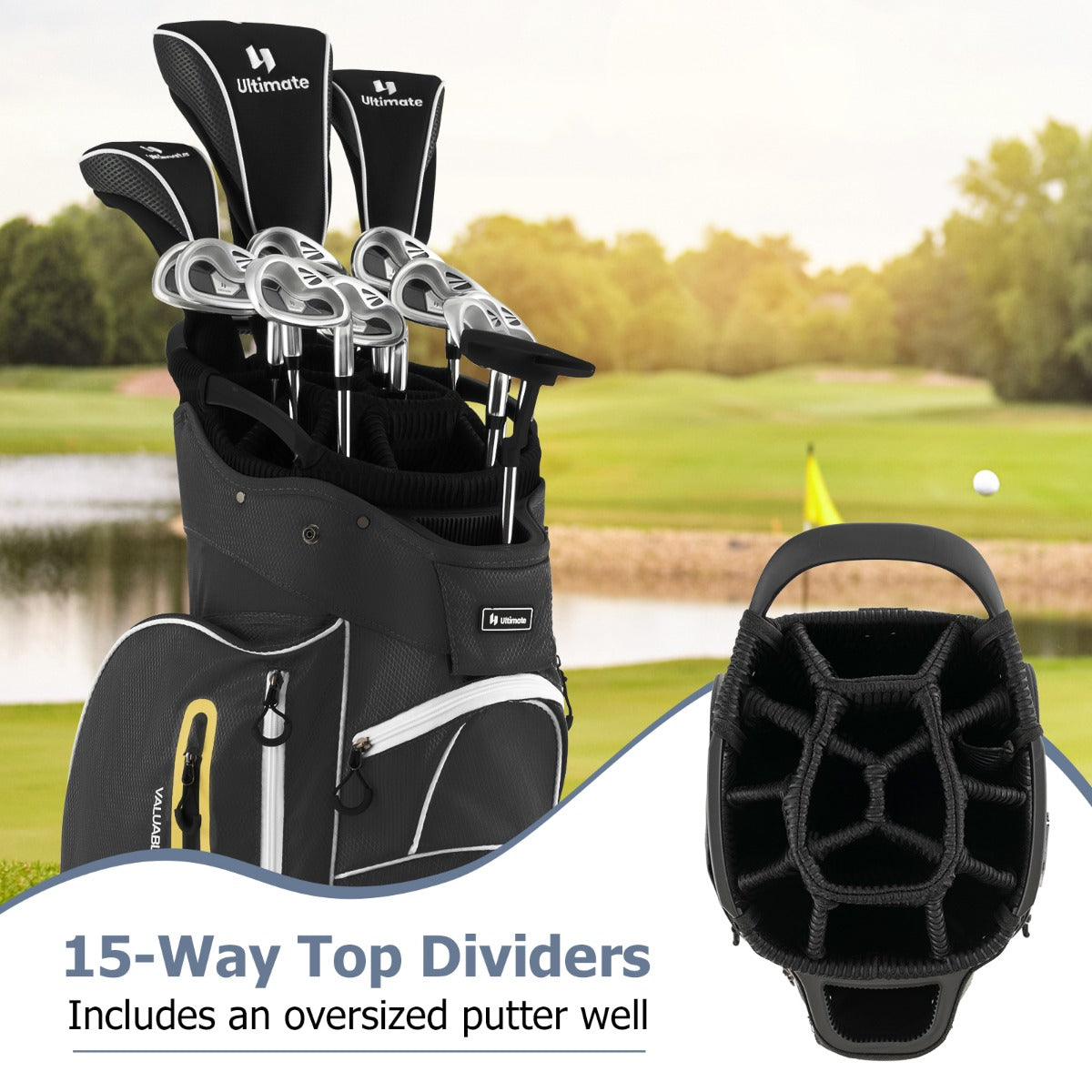 Golf Cart Bag with 15 Way Top Dividers Including Individual Putter Well-Black