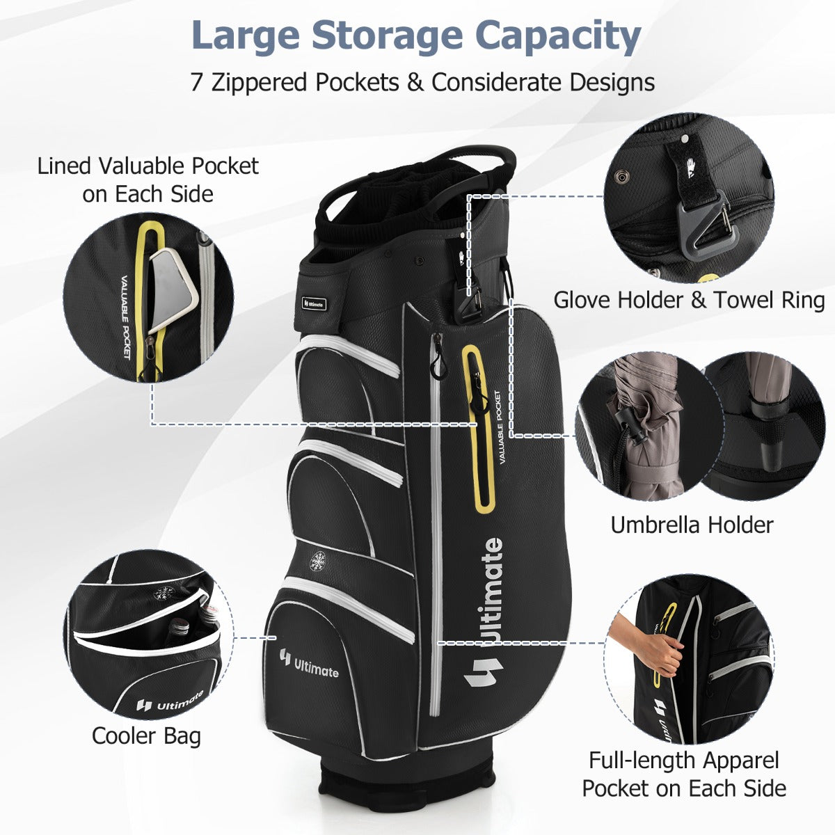Golf Cart Bag with 15 Way Top Dividers Including Individual Putter Well-Black