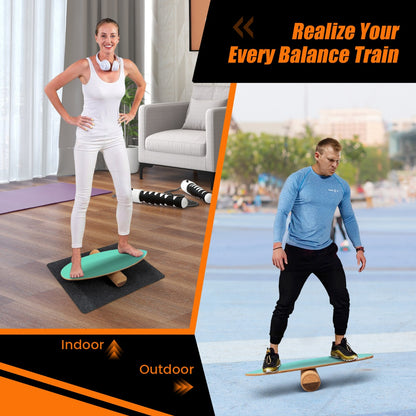 3-in-1 Wooden Balance Board Trainer with Roller &amp;amp; Blanket-Green