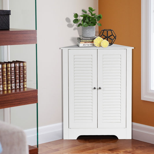Costway Space-saving Floor Storage Cabinet with 2 Shutter Door and Height-adjustable Shelf-White