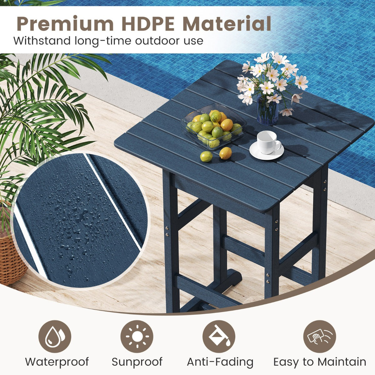 76cm x 76cm Square Bar Table with Slatted Tabletop-Navy