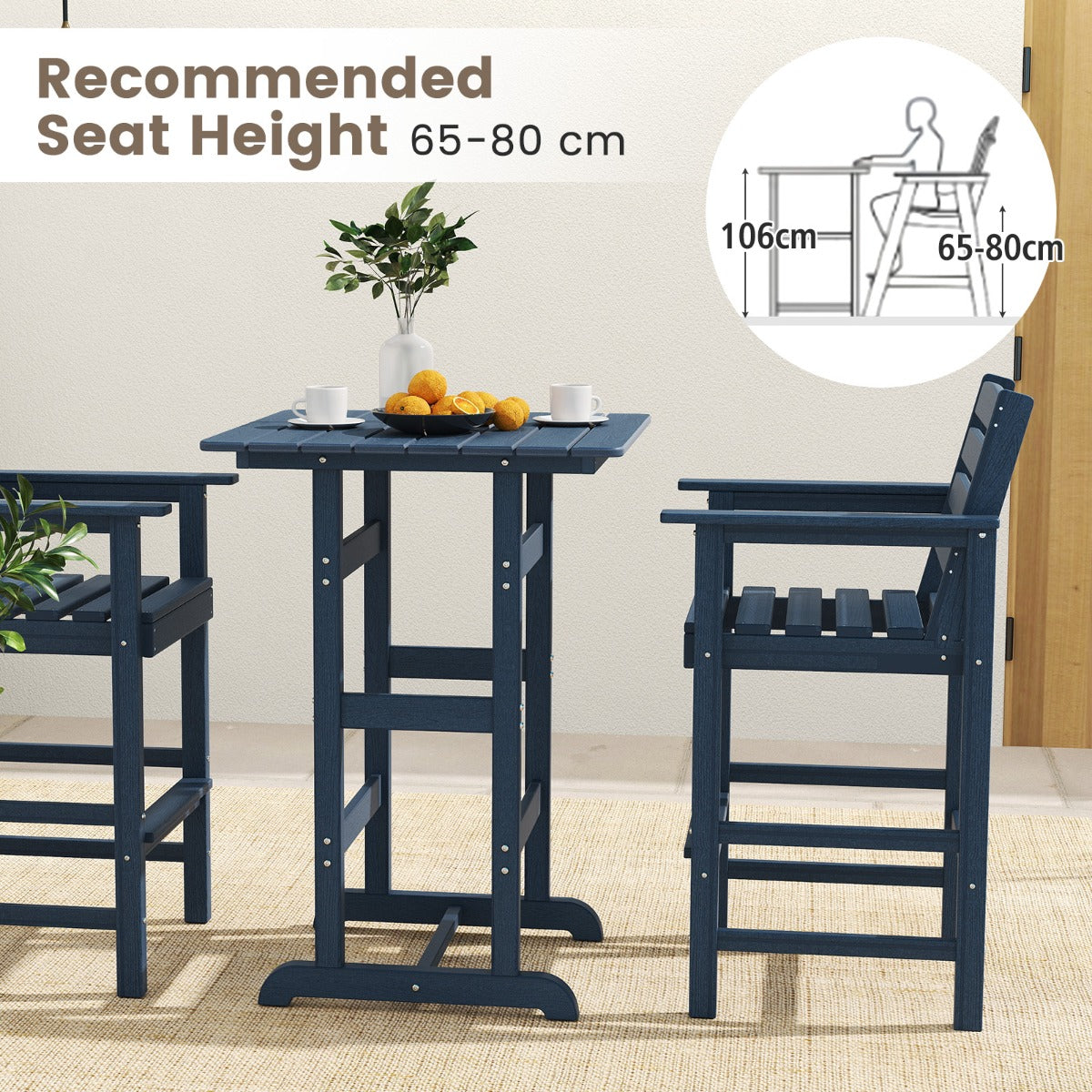 76cm x 76cm Square Bar Table with Slatted Tabletop-Navy