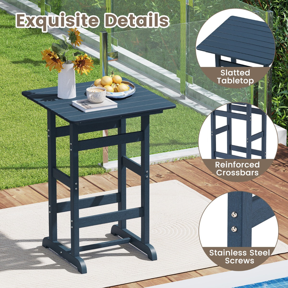 76cm x 76cm Square Bar Table with Slatted Tabletop-Navy