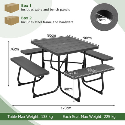 Costway 8-person Square Picnic Table Bench Set with 4 Benches 225 KG Capacity-Black