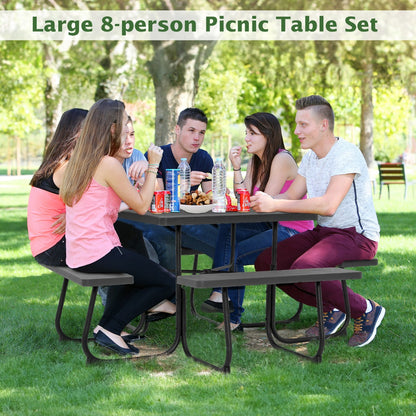 Outdoor picnic bench set features a rust-resistant powder-coated metal frame and reinforced X-legs