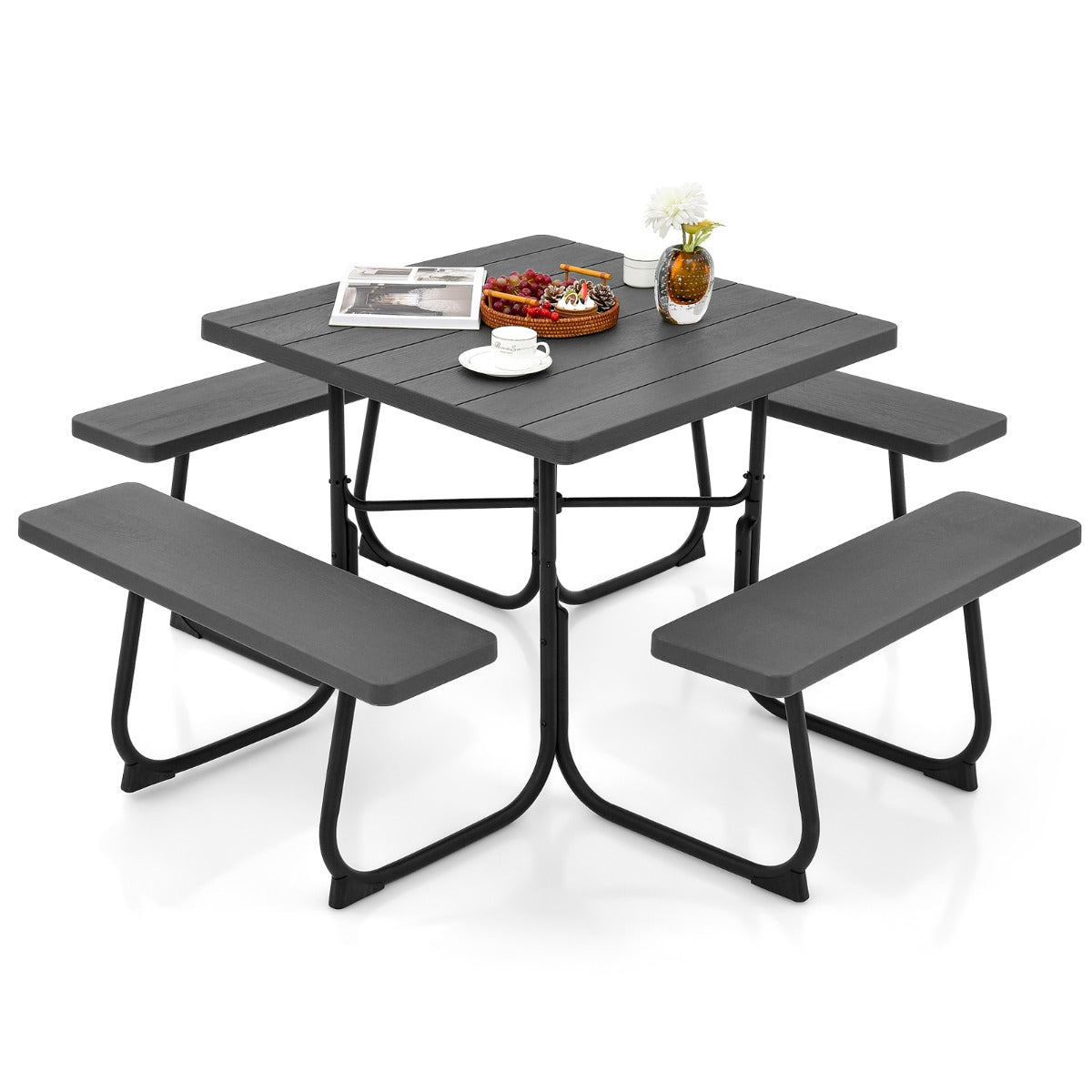 Curved benches and half-round corners provide comfortable seating with safer family-friendly details