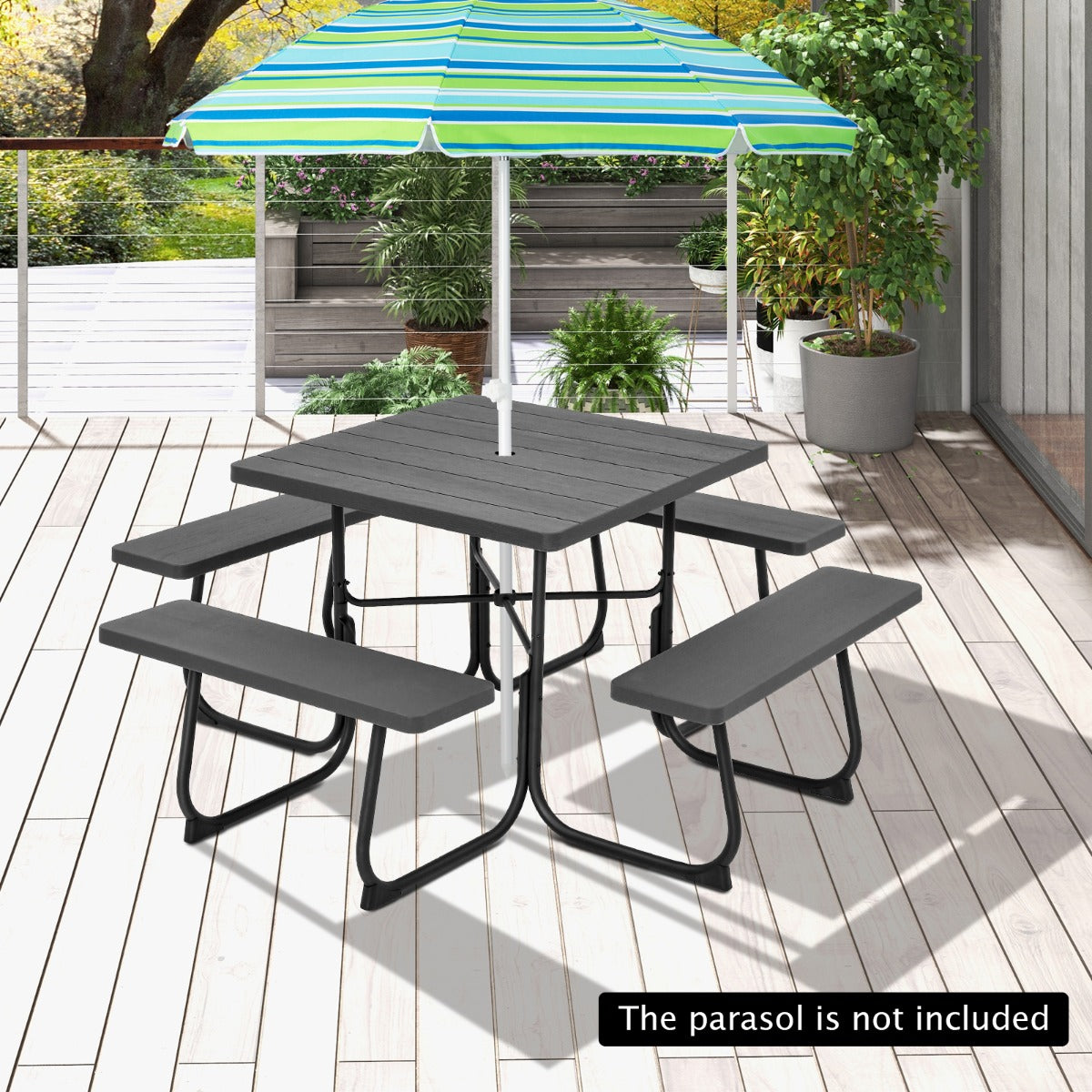 Non-slip protectors improve stability and help protect floors beneath the outdoor metal frame