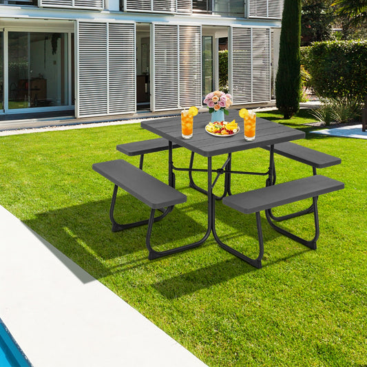 Costway 8-person Square Picnic Table Bench Set with 4 Benches 225 KG Capacity-Black