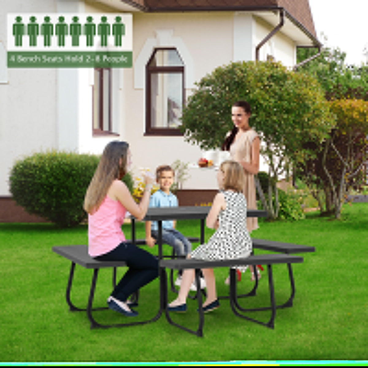 Wood-like picnic table surface combines attractive styling with easy cleaning and weather resistance