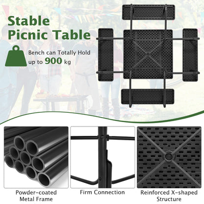 Round picnic table includes a 4.8cm umbrella hole for creating a shaded outdoor dining space