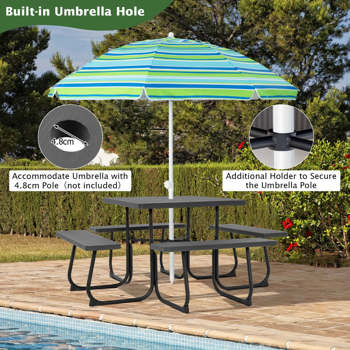 Four-bench outdoor dining table ships in two boxes that may arrive separately