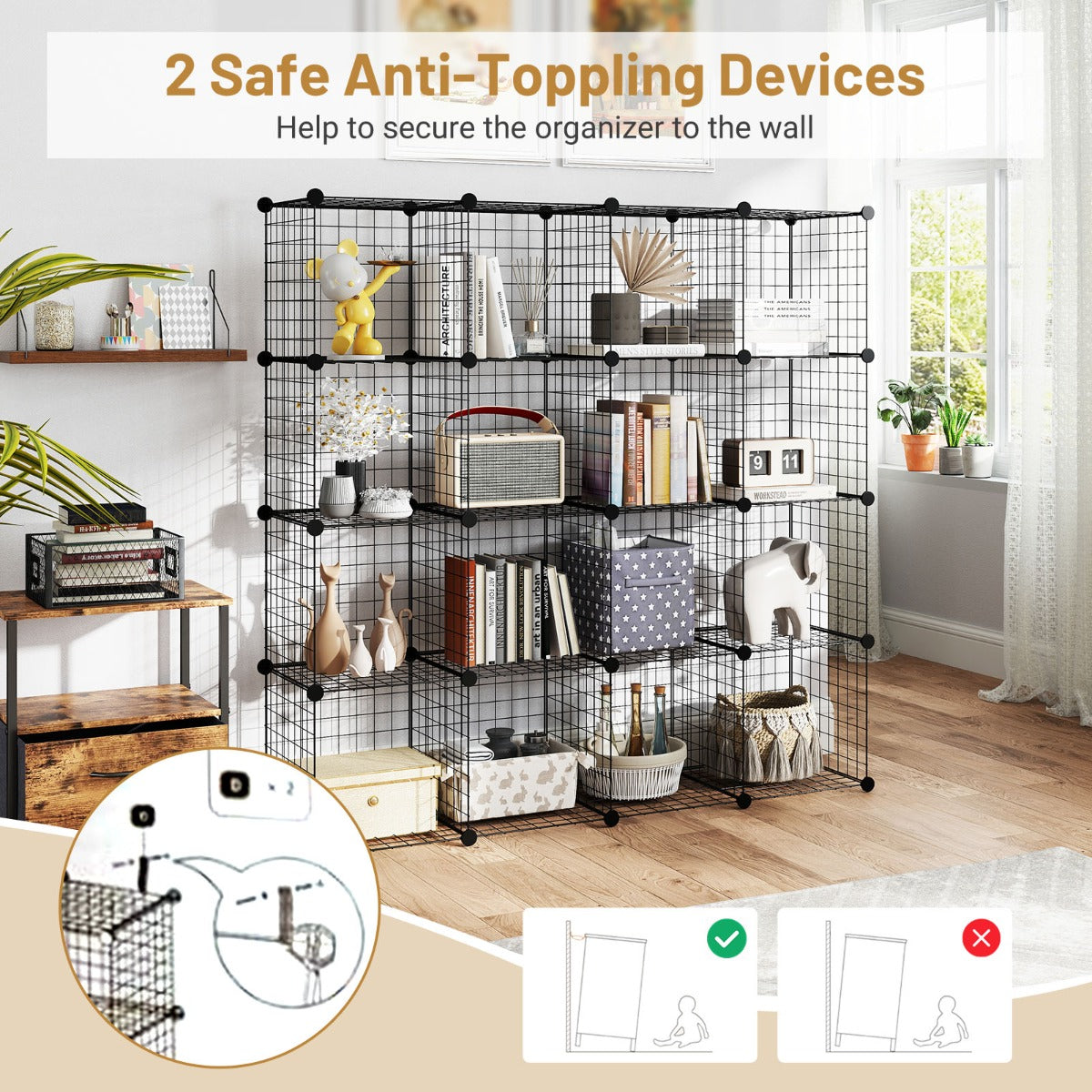 Stackable 16 Wire Cube Storage Organizer Metal Grids Storage Shelves-Black