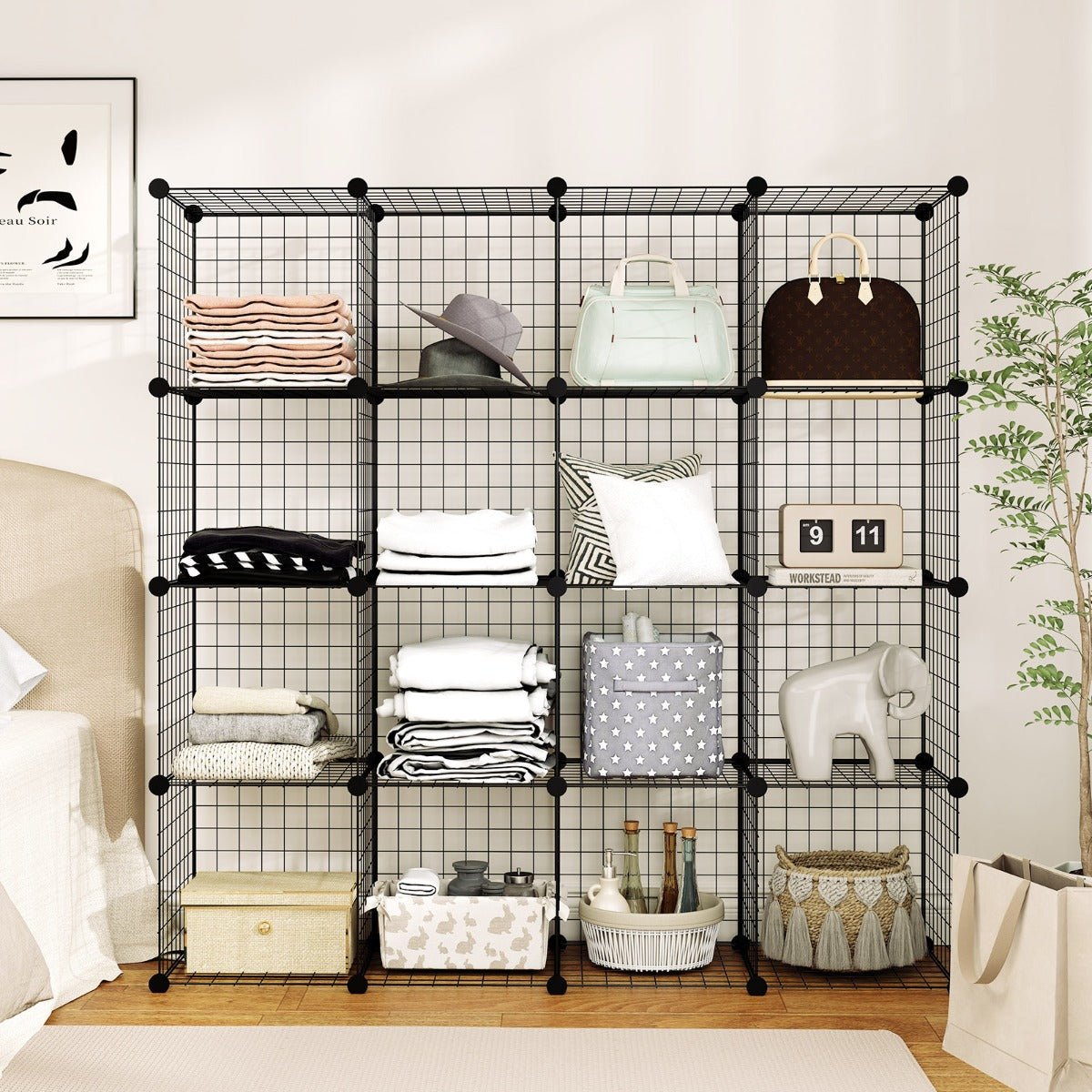 Stackable 16 Wire Cube Storage Organizer Metal Grids Storage Shelves-Black