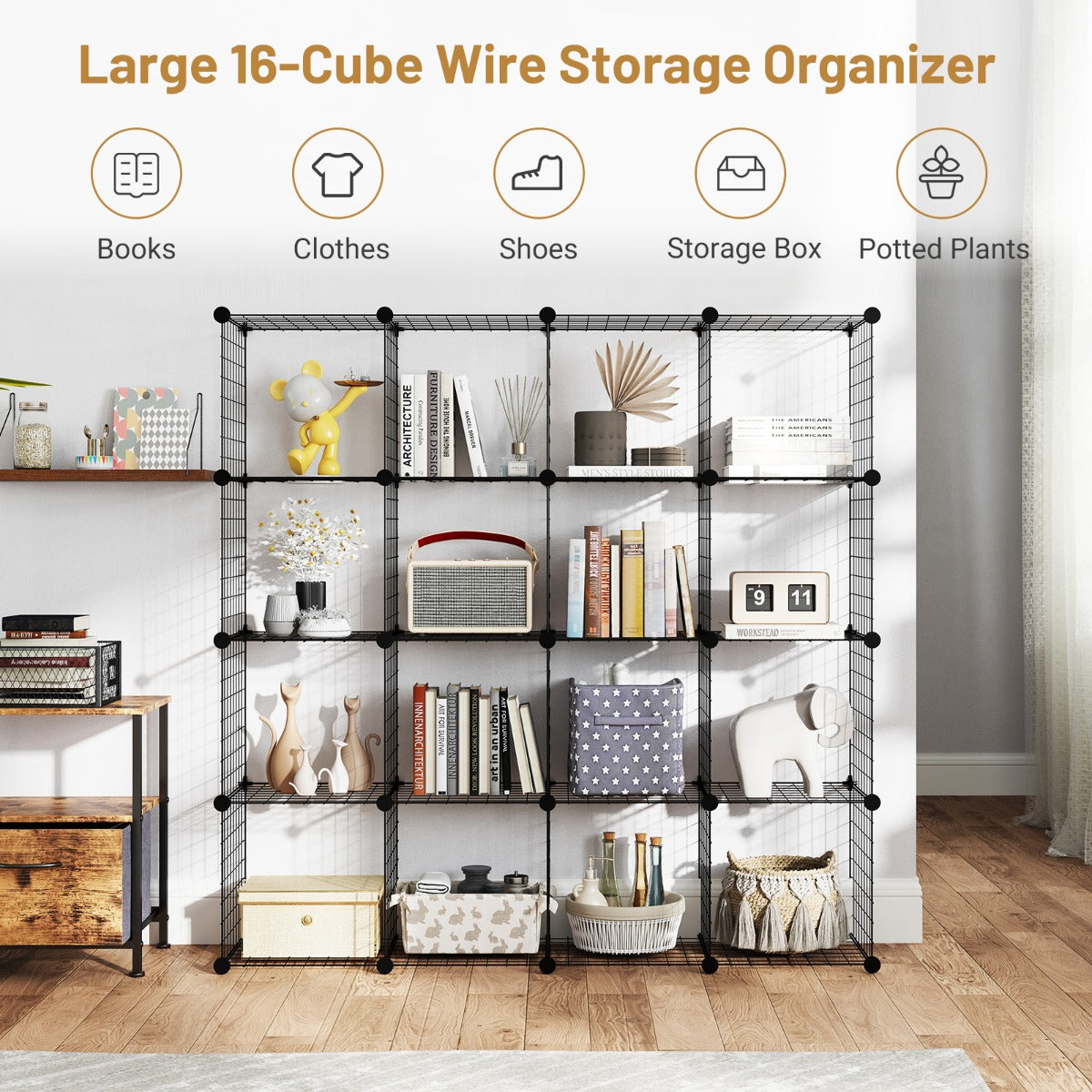 Stackable 16 Wire Cube Storage Organizer Metal Grids Storage Shelves-Black