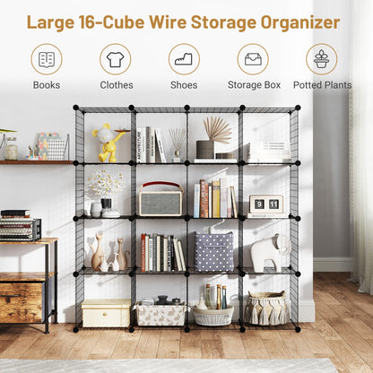 Stackable 16 Wire Cube Storage Organizer Metal Grids Storage Shelves-Black
